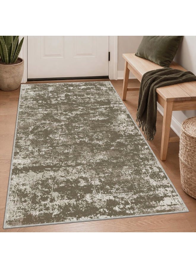 TTelephant 3x5 Area Rug Washable Entryway Rug Non Slip Abstract Tear and Stain Resistance No Pile Lightweight Throw Rugs Carpet for Kitchen, Entrance, Foyer, Bedside, Mudroom, Brown - Image 1