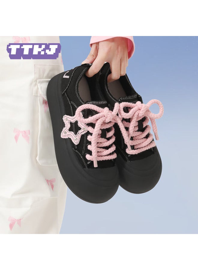 Ttkj Black Star Canvas Shoes For Women, New Comfortable Thick-soled Heightening Sneakers, Soft-soled Non-tiring Versatile Sports Casual Shoes - Image 1