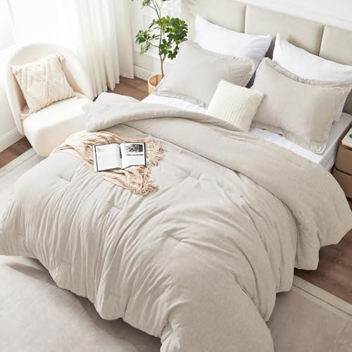 CozyLux Oversized Queen Comforter Set, 3 Pieces 98x98 Heathered Beige Soft Luxury Bedding Set All Season, Breathable Lightweight Bed Sets with 1 Down Alternative Comforter and 2 Pillow Shams - Image 1