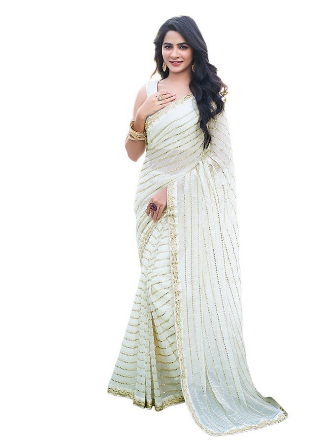 Satrani Women's Georgette Sequence Work Saree with Unstitched Blouse Piece (3775S101N_Off White) - Image 1