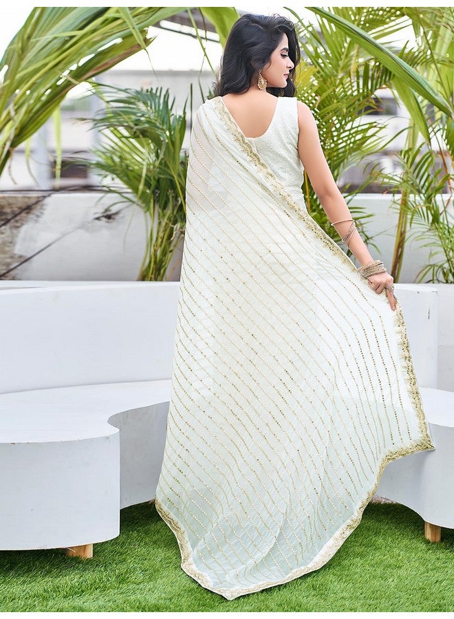 Satrani Women's Georgette Sequence Work Saree with Unstitched Blouse Piece (3775S101N_Off White) - Image 4