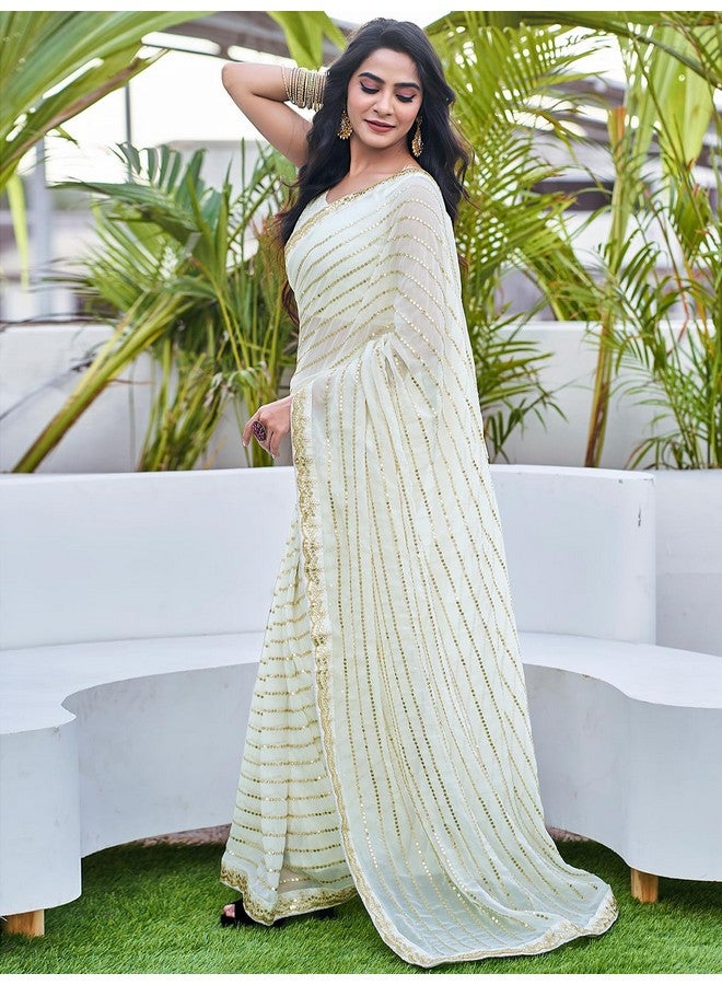 Satrani Women's Georgette Sequence Work Saree with Unstitched Blouse Piece (3775S101N_Off White) - Image 2