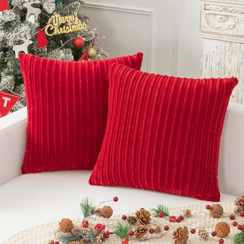 K KEVIN TEXTILE Kevin Textile Valentines Decorations Striped Velvet Cushion Covers for Chair Supersoft Decorative Pillowcase for Bed Bench Burgundy 2 Packs 18x18 Inches45cm - Image 1