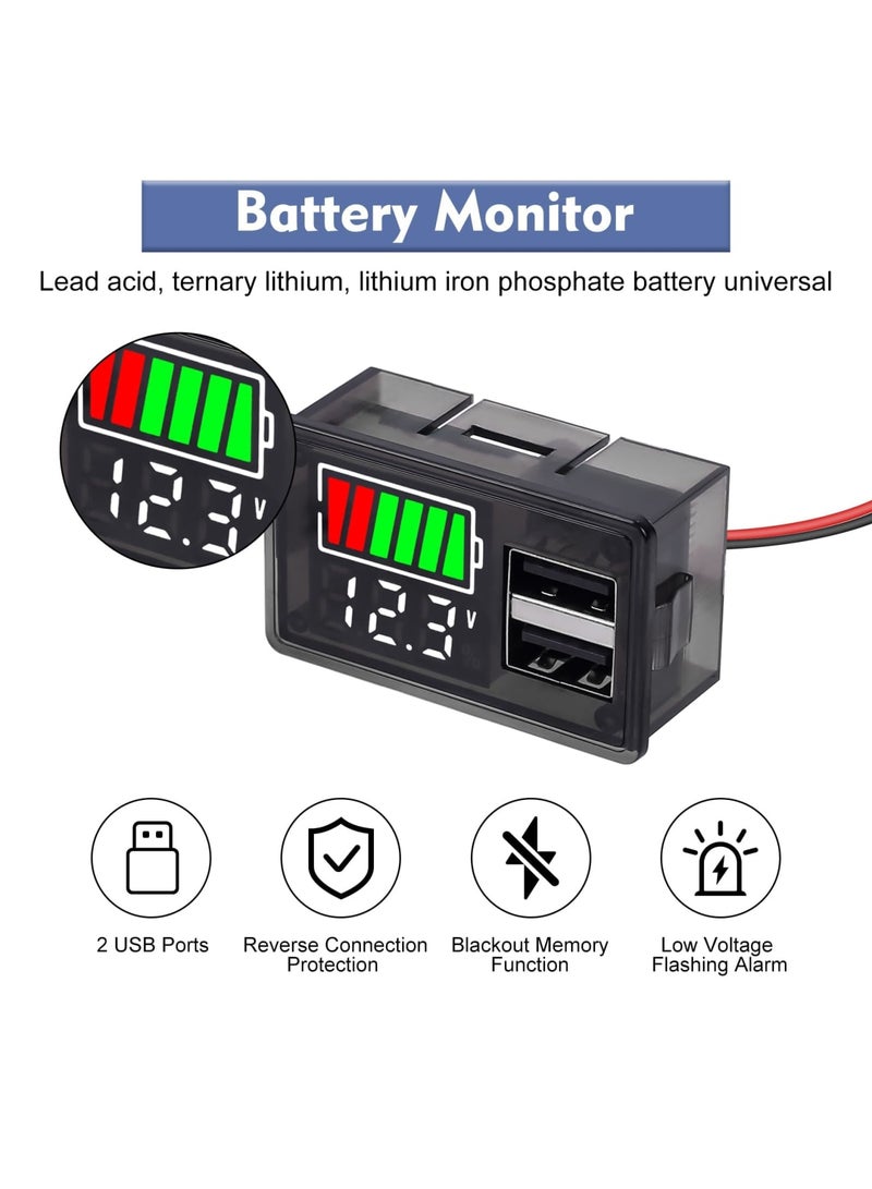 2PCS Battery Capacity Monitor - Indicator Meter, ICStation DC 8-30V Digital Battery Meter with 2 USB Ports, RV Battery Monitor 12V with Power-Off Memory, for Marine, RV, Golf cart Motorcycle - Image 2