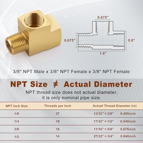 Boeray 2pcs 38 Brass Tee Fittings 38 NPT Female Pipe to 38 NPT Male to 38 NPT Female Brass Barstock Street Tee Pipe Fittings 3 Way for Joining Pipe - Image 3