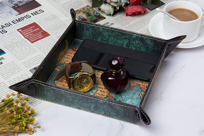 siduater Valet Tray Desktop Storage Organizer, Vegan Leather Catchall Bedside Vanity Tray Nightstand Caddy Holder for Remote Controller, Watch, Keys, Phone, Wallet, Sunglasses, Jewelry - Map - Image 3
