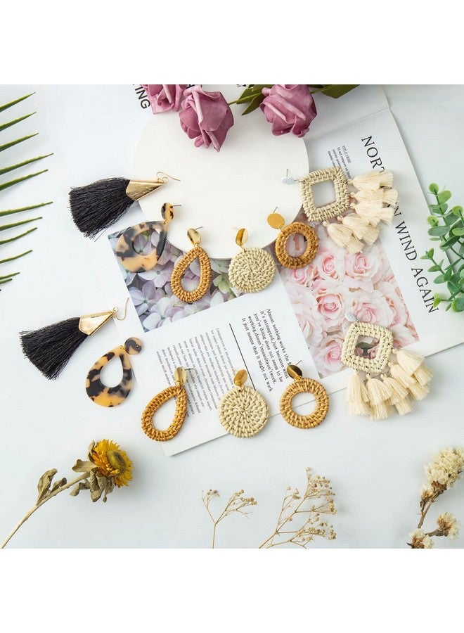 Ponpon 6 Pairs Rattan Earrings Lightweight Summer Straw Earrings Fashion Geometric Statement Hoop Dangle Drop Zinc Earrings For Women - Image 3