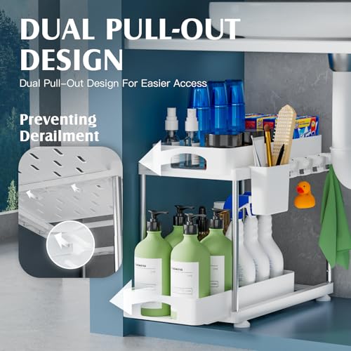 VERIFOST 2 Pack Under Sink Organizers and Storage, Double Sliding Kitchen Cabinet Organizer, 2 Tier Height Adjustable Countertop Organizer for Kitchen Bathroom Laundry, White - Image 3