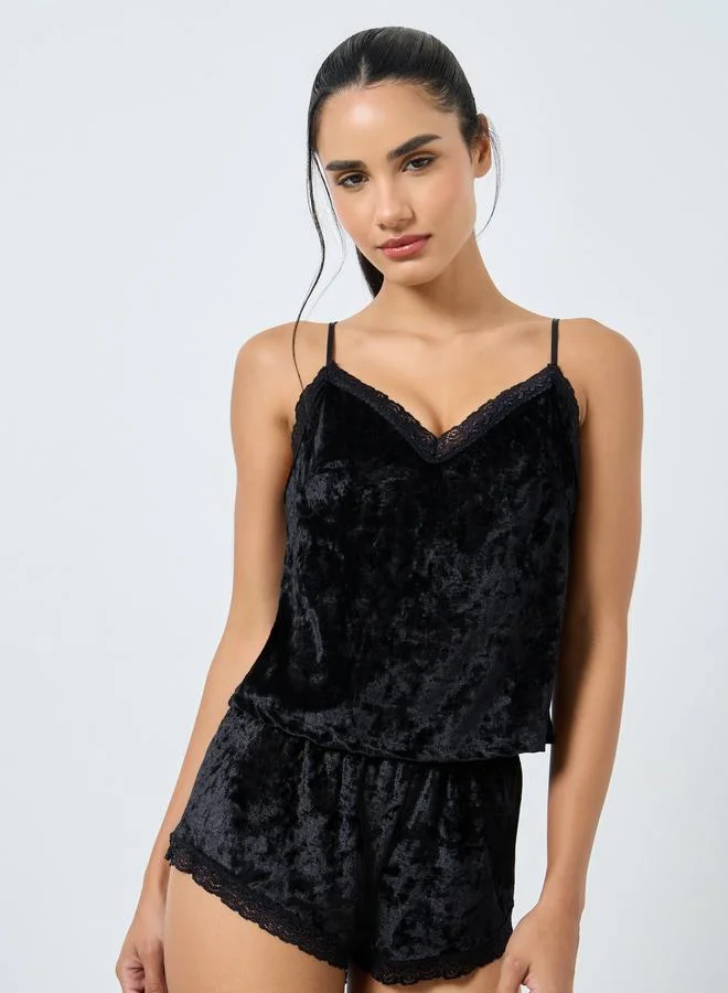 Styli Velvet V Neck Lace Cami and Shorts Set