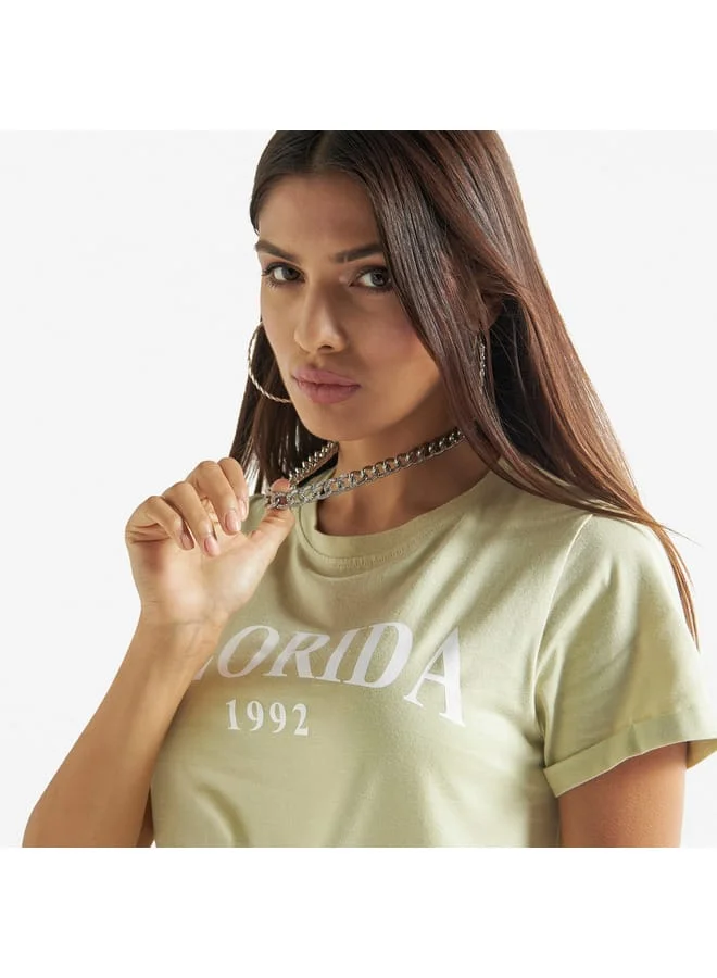 Splash FAV Typography Print T-shirt with Crew Neck and Short Sleeves