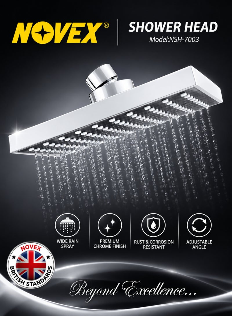 NOVEX Shower Head NSH-7003, Square Rain Shower Head with Wide Rain Spray, Premium Chrome Finish, Adjustable Angle, Rust & Corrosion Resistant, Bathroom Shower Fixture - Image 1