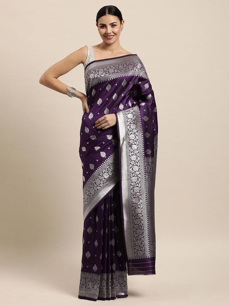 AMIRAT Women's Banarasi Silk Saree and Unstitched Blouse Piece with Heavy Floral Border Jacquard Woven Zari | Saree Blouse for Women | Purple - Image 2