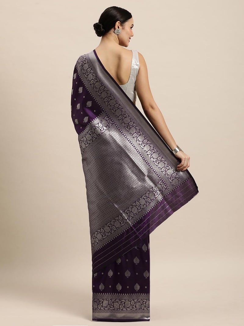 AMIRAT Women's Banarasi Silk Saree and Unstitched Blouse Piece with Heavy Floral Border Jacquard Woven Zari | Saree Blouse for Women | Purple - Image 3