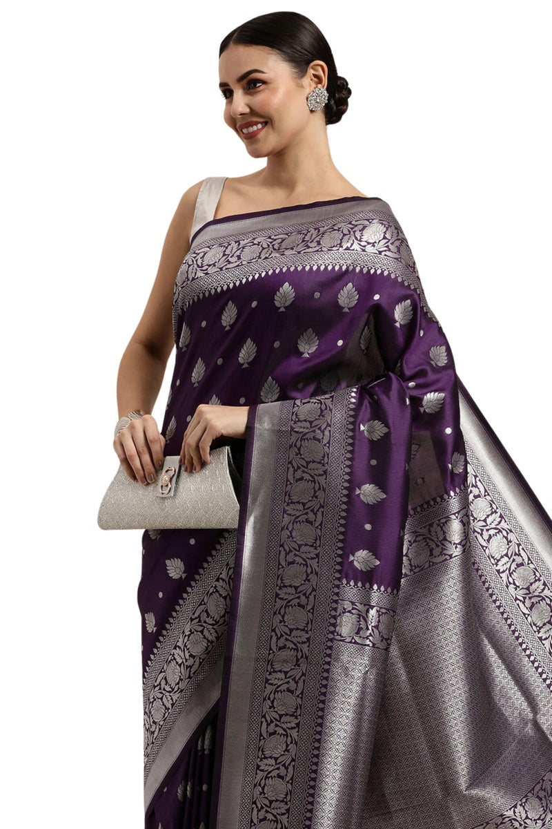 AMIRAT Women's Banarasi Silk Saree and Unstitched Blouse Piece with Heavy Floral Border Jacquard Woven Zari | Saree Blouse for Women | Purple - Image 1