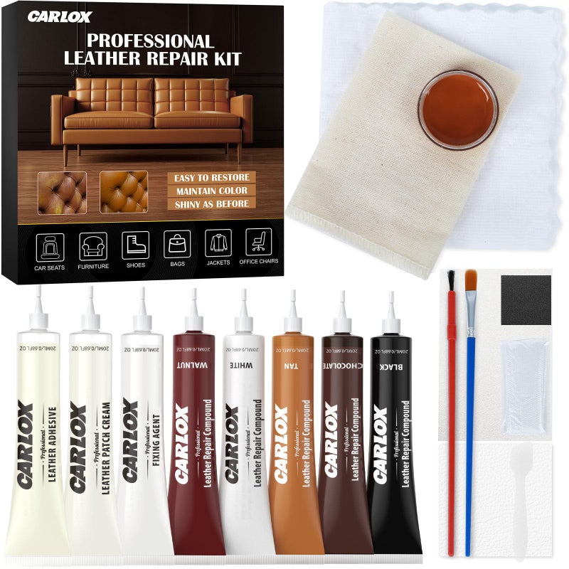 CARLOX Leather Repair Kit for Car Seats, Furniture and Couch, Vinyl Repair Kit with 3-Step Reinforcement, Easy Instructions to Fix Tears, Holes, Scratches & Peeling, Customizable Colors for Glossy Leather - Image 1