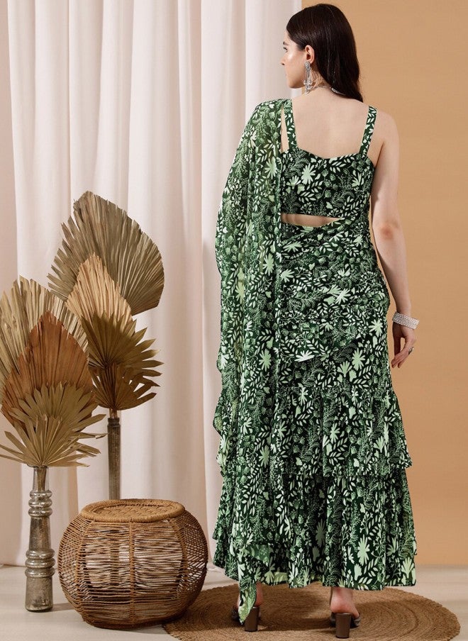 Indo Street ساري نسائي جاهز للارتداء بطبعة زهور خضراء - Image 5