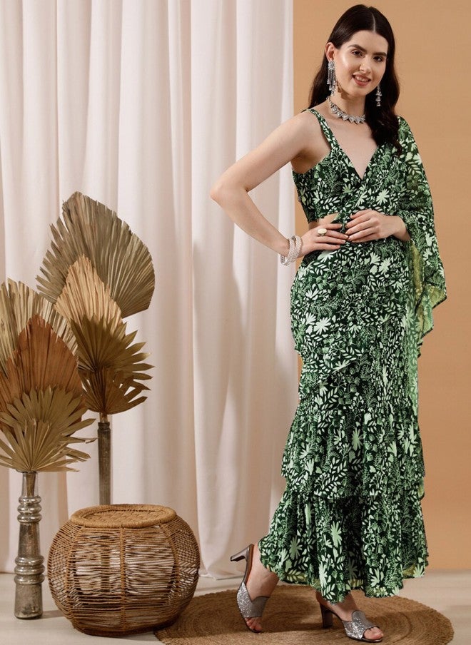 Indo Street ساري نسائي جاهز للارتداء بطبعة زهور خضراء - Image 4