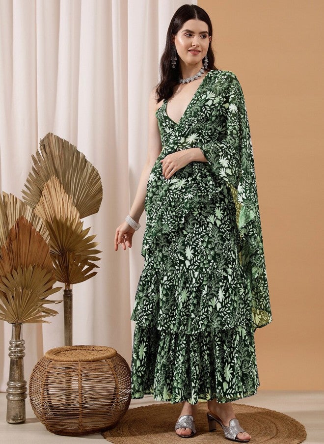 Indo Street ساري نسائي جاهز للارتداء بطبعة زهور خضراء - Image 1