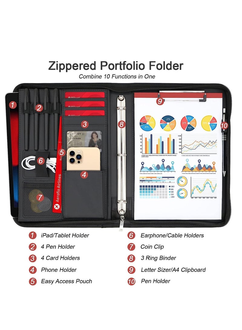Barakah Portfolio Binder Organizer with Handle, 13.4 * 10 * 1.6 Inch Zippered Padfolio, Writing Pad Notepad Legal Size Detachable Business Folder Resume Interview Gift for Men Women - Image 2