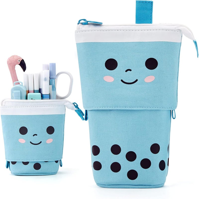 ANGOOBABY Cute Pencil Case Standing Pen Holder Telescopic Makeup Pouch Pop Up Cosmetics Bag Stationery Office Organizer Box for Girls Students Women Adults Christmas Gift (Blue) - Image 1