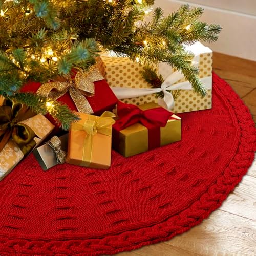 YUJUN 48 Inches Christmas Knitted Tree Skirt Decorations Xmas Large Red Chunky Cable Farmhouse Thick Rustic Tree Skirt for Merry Christmas Tree Holiday Home Party Decoration - Image 1