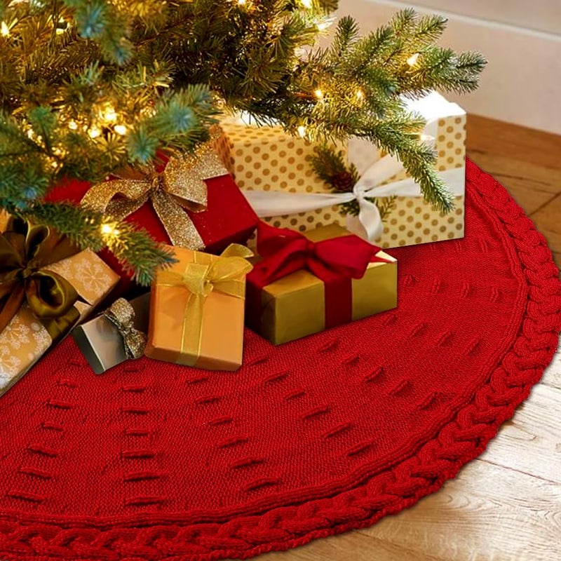 YUJUN 48 Inches Christmas Knitted Tree Skirt Decorations Xmas Large Red Chunky Cable Farmhouse Thick Rustic Tree Skirt for Merry Christmas Tree Holiday Home Party Decoration - Image 2