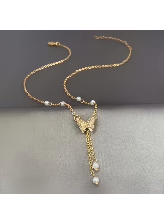 Goolsky Butterfly Pendant Necklace: Elegant Y2K Style with Imitation Pearls, Rhinestone Accents, Zinc Alloy, Simple Animal Theme for Daily and Vacation Wear - Image 3