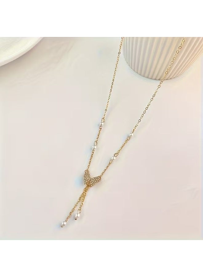 Goolsky Butterfly Pendant Necklace: Elegant Y2K Style with Imitation Pearls, Rhinestone Accents, Zinc Alloy, Simple Animal Theme for Daily and Vacation Wear - Image 5