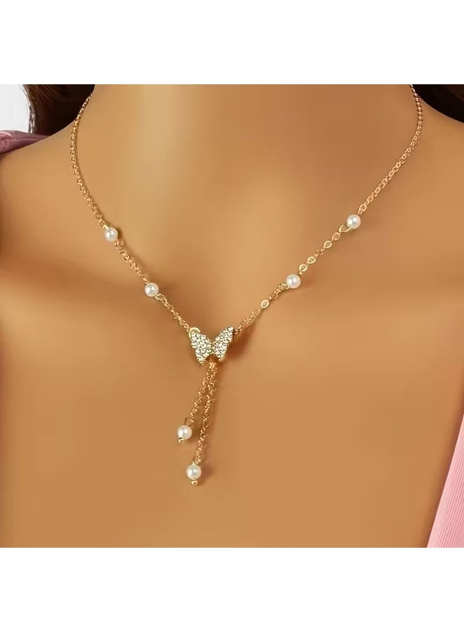 Goolsky Butterfly Pendant Necklace: Elegant Y2K Style with Imitation Pearls, Rhinestone Accents, Zinc Alloy, Simple Animal Theme for Daily and Vacation Wear - Image 1