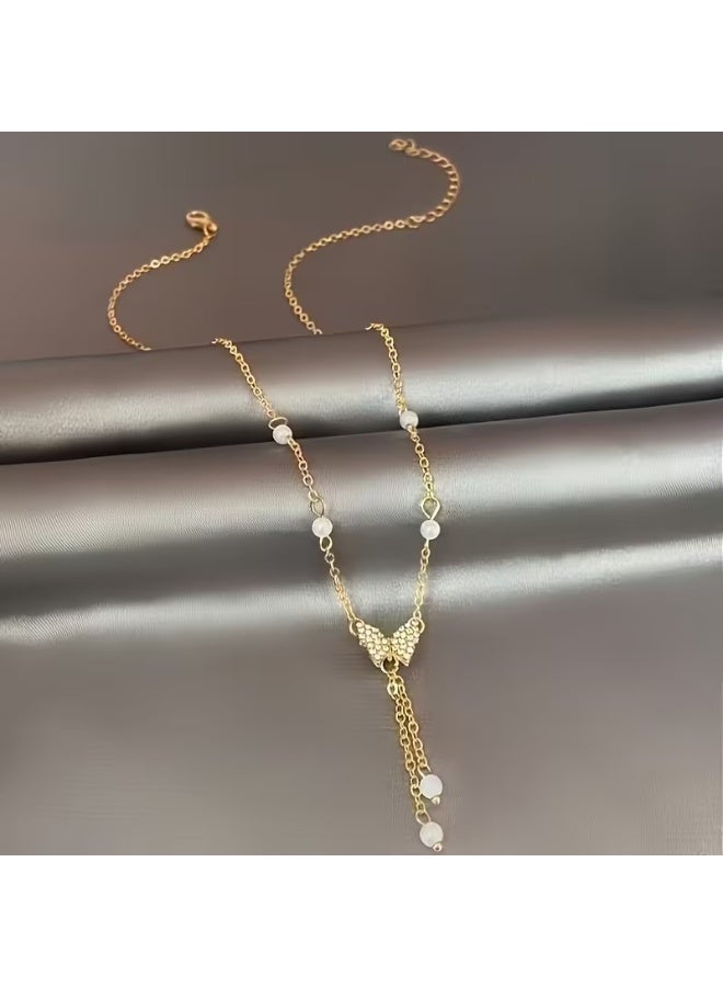 Goolsky Butterfly Pendant Necklace: Elegant Y2K Style with Imitation Pearls, Rhinestone Accents, Zinc Alloy, Simple Animal Theme for Daily and Vacation Wear - Image 2