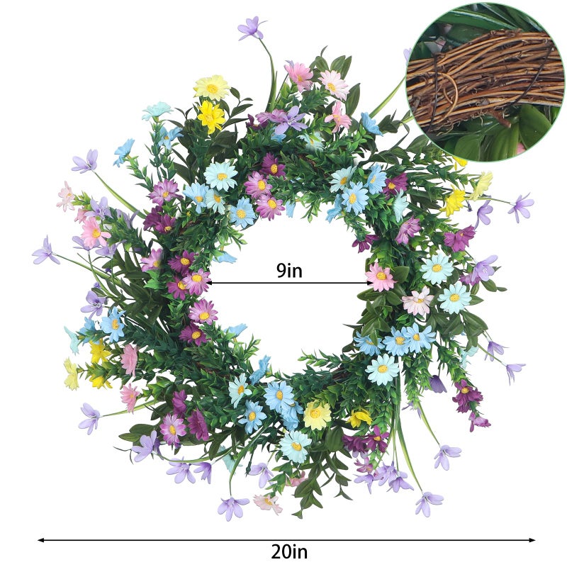 Kmise 20" Wreaths for Front Door, Artificial Colorful Flower Wreath with Daisy for Indoor Outdoor Home Farmhouse Wall Wedding Holiday DÃ©cor - Image 2