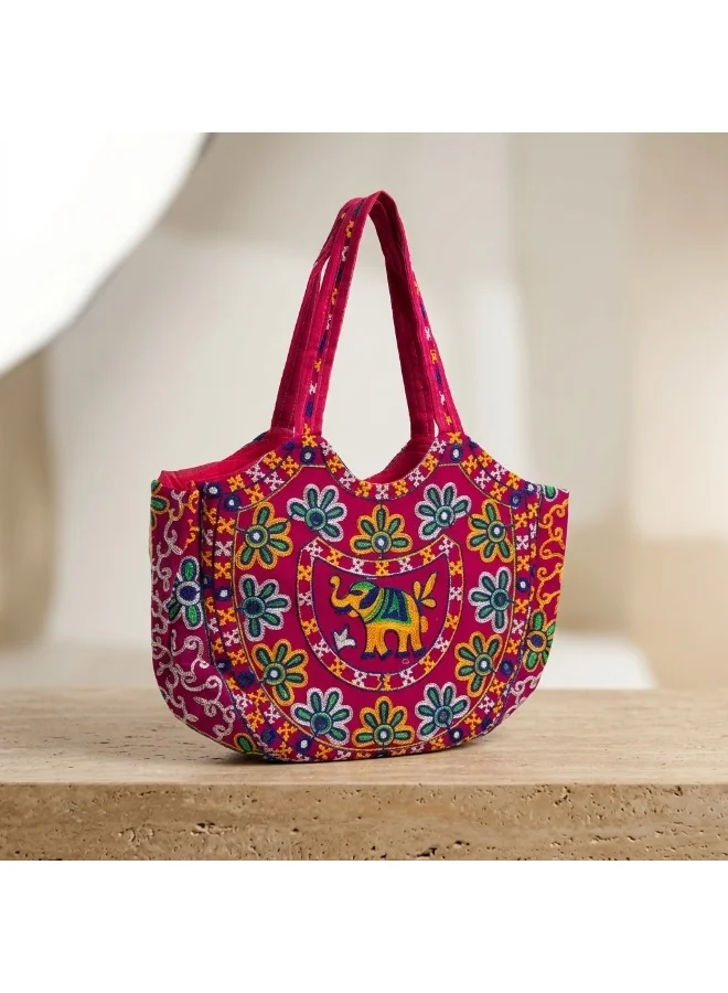Mobcos Mobcos Pink Elephant Handmade Embroidered Tote Bag | Premium Cotton Boho Shoulder Handbag with Zipper | Spacious Ethnic Bag for Office, Shopping, Travel & Daily Use
