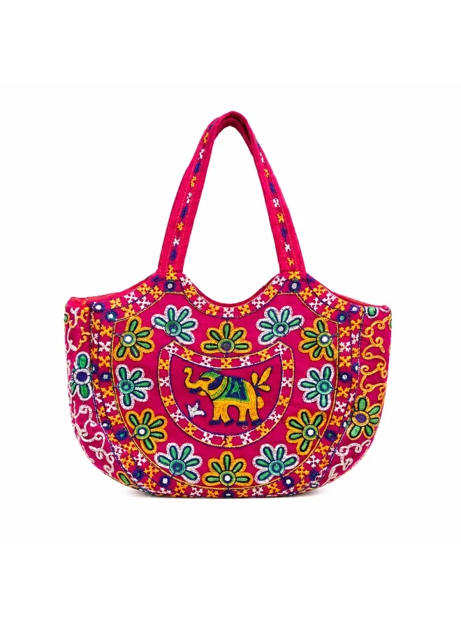 Mobcos Mobcos Pink Elephant Handmade Embroidered Tote Bag | Premium Cotton Boho Shoulder Handbag with Zipper | Spacious Ethnic Bag for Office, Shopping, Travel & Daily Use