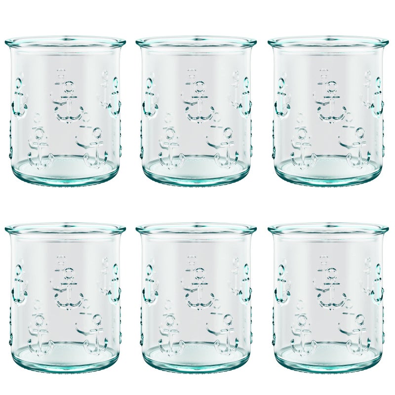 Amici Home Italian Recycled Anchor DOF Glassware Set of 6  Drinking Glasses with Embossed Anchor Design  Juice Glasses  Dishwasher Safe  Green Tint Colored Glassware  35 Tall Each Set of 6
