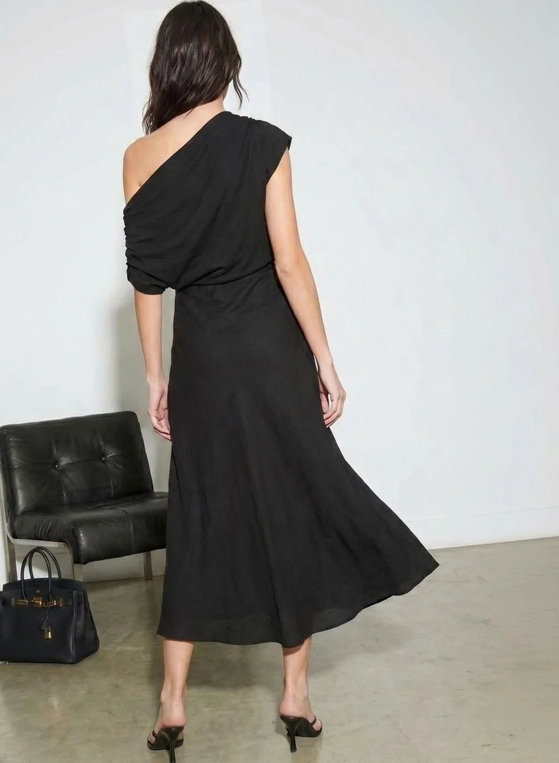دينيس لينغو Women Black Poly Solid Midi Shift Regular Dress