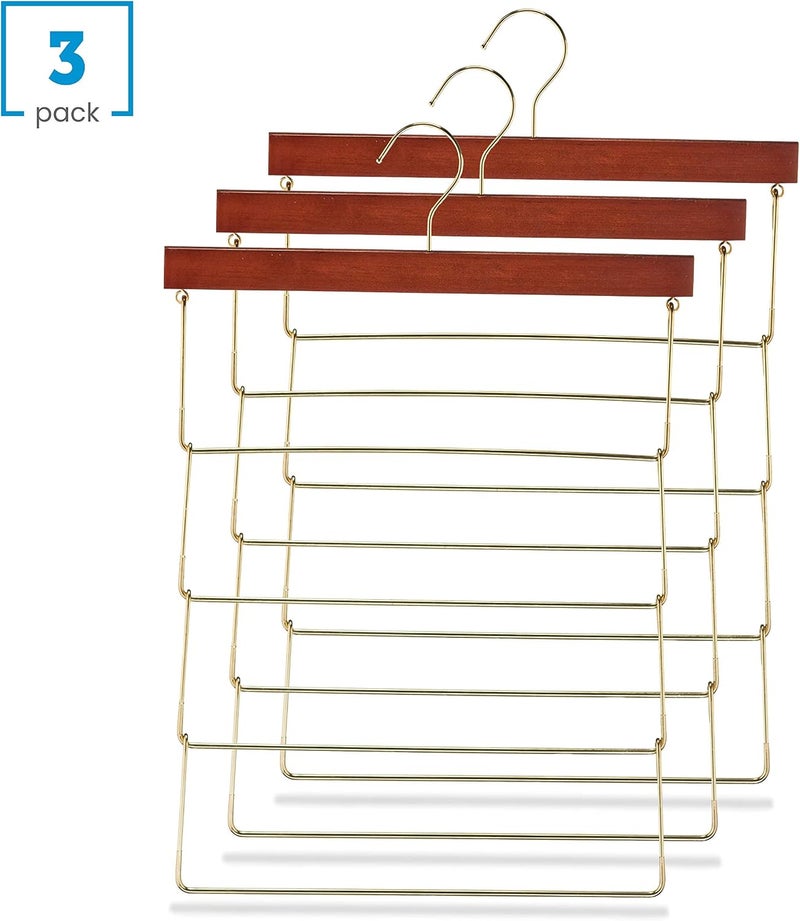 ZOBER High-Grade 4 Tier Wooden Pants Rack Hangers Non Slip (3 Pack) Rubber Coated Hangers, Slim & Space Saving Hanger [Hang 4 ON 1] 360° Hook, Anti-Rust Durable Metal Pants Hangers for Trousers, Blankets... - Image 3