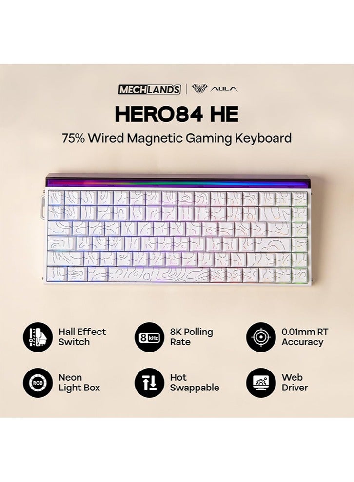 أولا لوحة مفاتيح ألعاب سلكية مغناطيسية Aula Hero84 HE، لوحة مفاتيح سريعة التأثير مع تشغيل قابل للتعديل بمقدار 0.01 مم، استطلاع 8 كيلو هرتز، عزل صوت بخمس طبقات، صندوق إضاءة RGB وإضاءة خلفية (أبيض) - Image 2