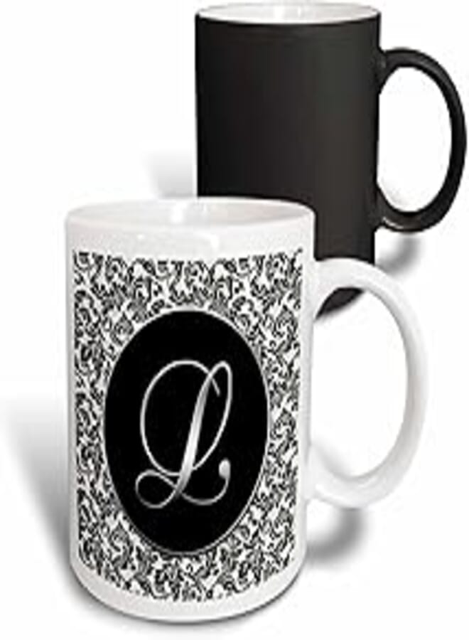 3dRose mug_38761_3"Letter L - Black and White Damask" Magic Transforming Mug, 11 oz, Multicolor