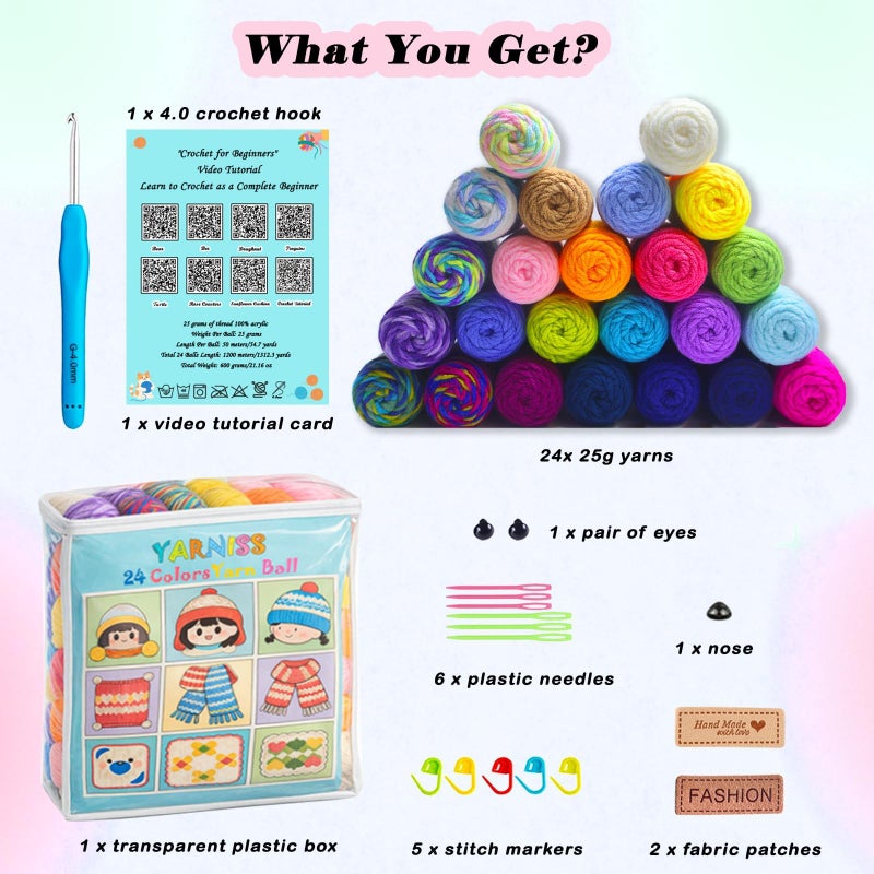 Yarniss Crochet Yarn Kits for Starter, 1312 Yards Acrylic Crochet Yarn for Crafts,24 Colors Knitting Yarn Skeins with 4.0mm Crochet Hook - Image 5