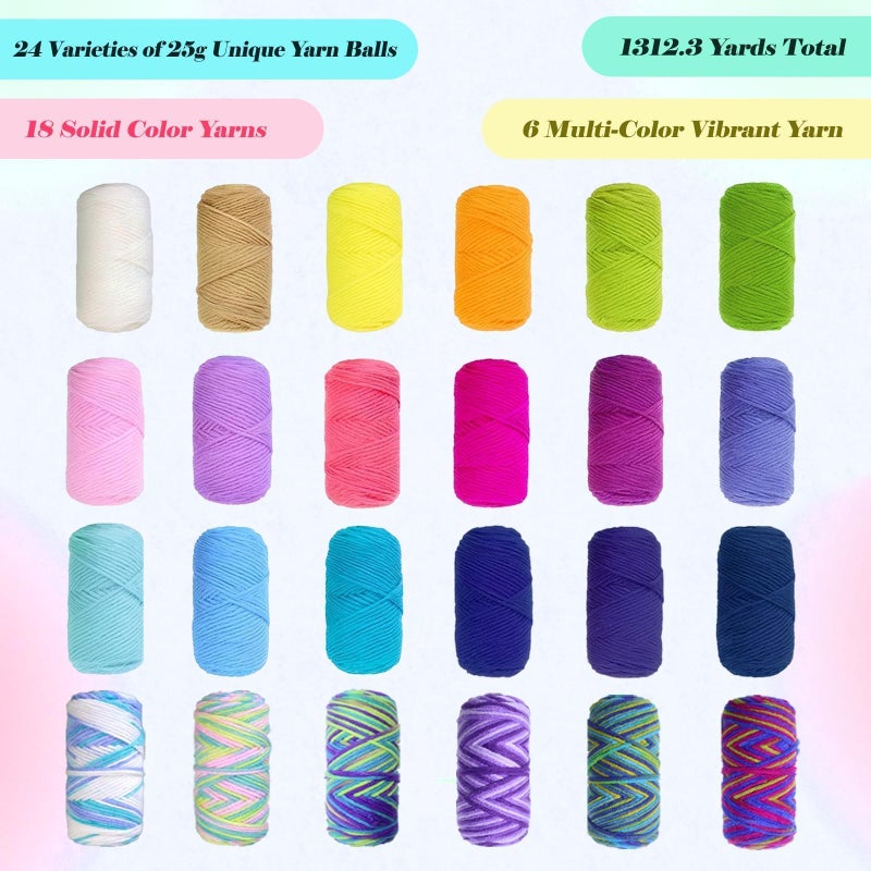 Yarniss Crochet Yarn Kits for Starter, 1312 Yards Acrylic Crochet Yarn for Crafts,24 Colors Knitting Yarn Skeins with 4.0mm Crochet Hook - Image 2