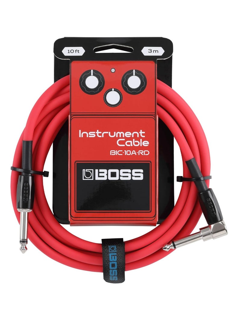 BOSS BIC-10A Instrument Cable, Straight to Right-Angle 1/4" Connectors, Red - Image 1