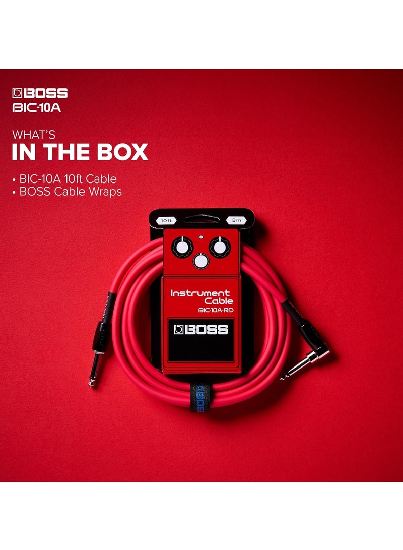 BOSS BIC-10A Instrument Cable, Straight to Right-Angle 1/4" Connectors, Red - Image 2