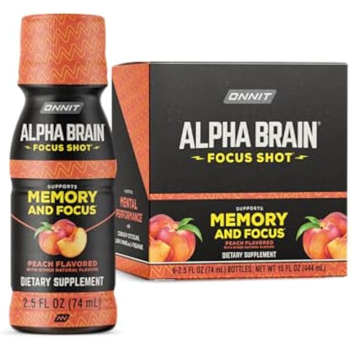 ONNIT Alpha Brain Focus Shot, Peach Flavor, Nootropic Dietary Supplement Drink That Supports Energy, Focus, and Mood, IGEN™ Non-GMO Tested, 2.5 fl oz, 6 Count - Image 1