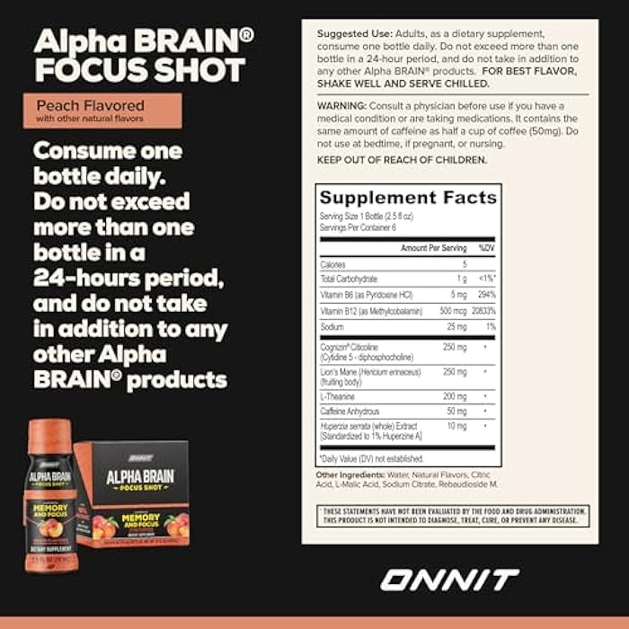 ONNIT Alpha Brain Focus Shot, Peach Flavor, Nootropic Dietary Supplement Drink That Supports Energy, Focus, and Mood, IGEN™ Non-GMO Tested, 2.5 fl oz, 6 Count - Image 3