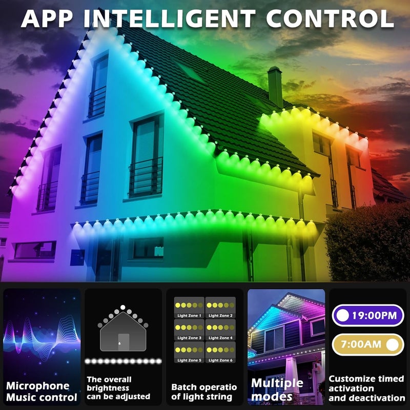 Sinley 100FT Permanent Outdoor RGB Lights,Waterproof Smart LED Eaves Lights with App/Remote Control,for Christmas and All Holiday Decor,Daily and Accent Lighting,House Roof and Garden Lighting - Image 3