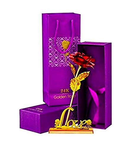 A ONE CREATIONS Artificial Flowers Red Rose with Love Stand (Red;Gold//1 Golden Red Rose 1 Love Stand) - Image 1