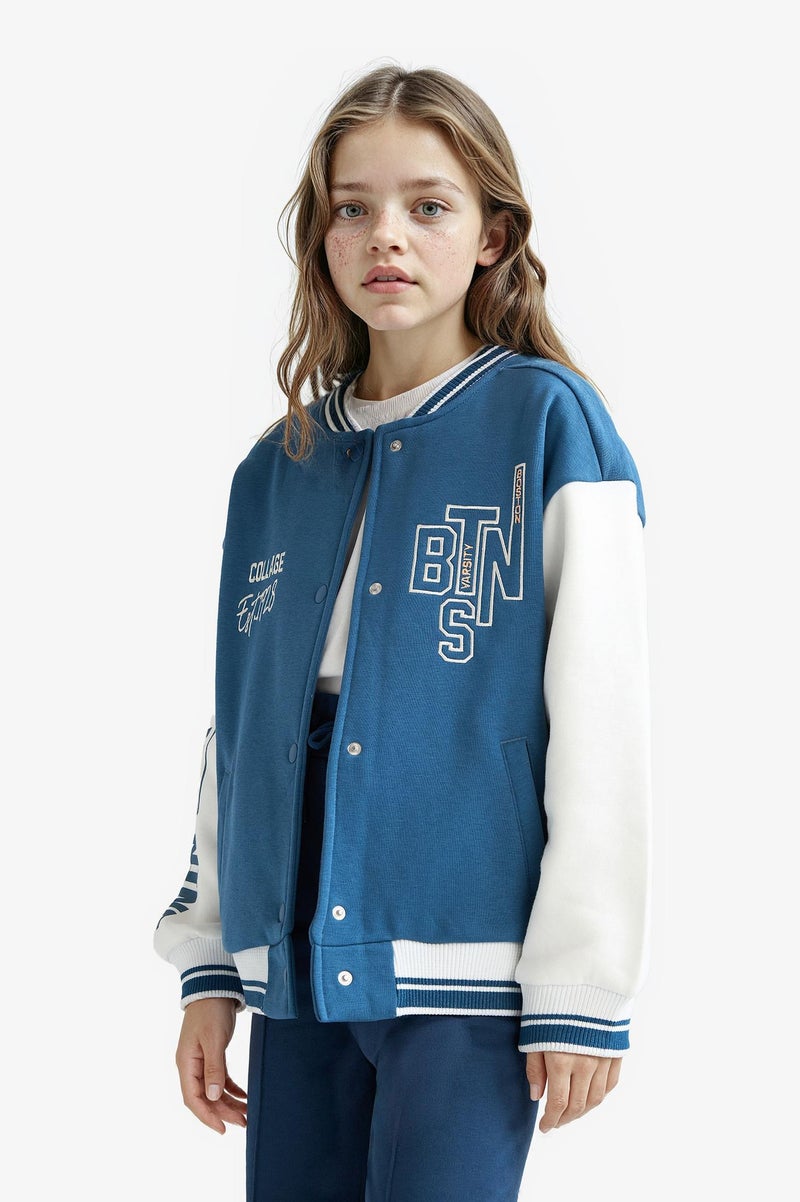 DeFacto Blue Girl Girl College Collar Printed Bomber Jacket Casual - Image 3