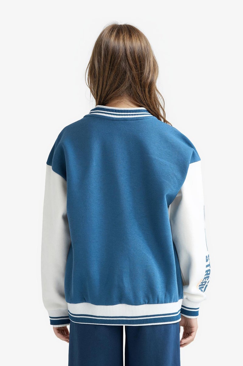 DeFacto Blue Girl Girl College Collar Printed Bomber Jacket Casual - Image 5