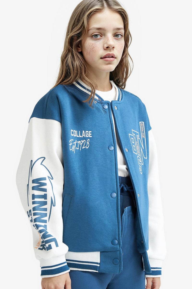 DeFacto Blue Girl Girl College Collar Printed Bomber Jacket Casual - Image 1