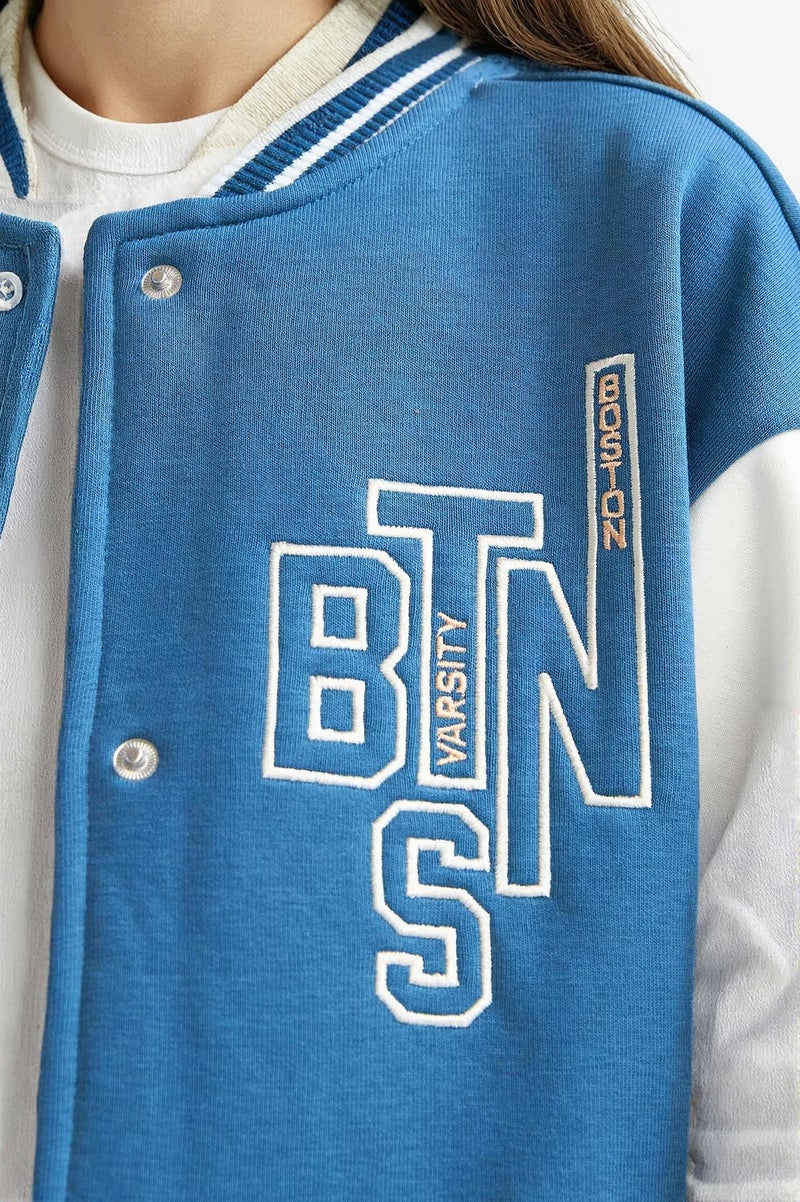 DeFacto Blue Girl Girl College Collar Printed Bomber Jacket Casual - Image 4
